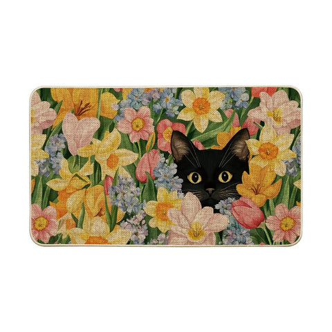 Artoid Mode Black Cat Floral Doormat front view with bright spring colors welcoming guests