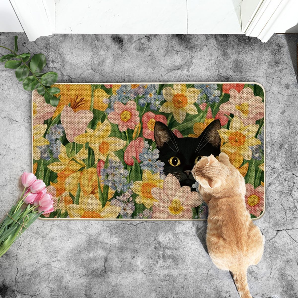 Artoid Mode Black Cat Floral Doormat indoors adds subtle style