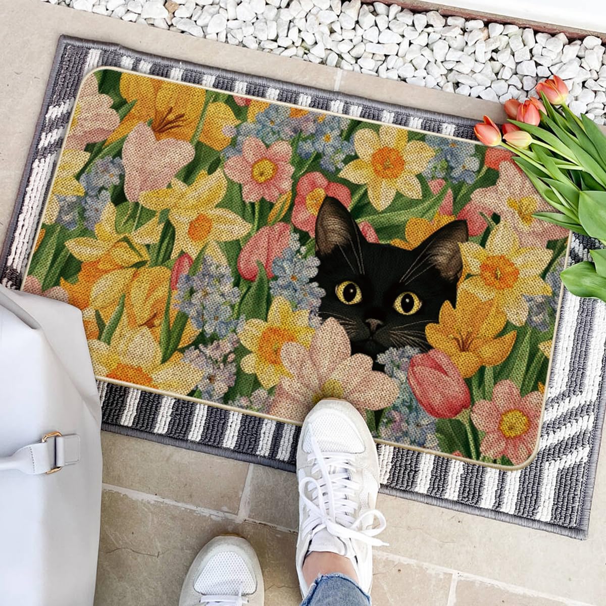 Artoid Mode Black Cat Floral Doormat outdoors near doorstep built for daily use