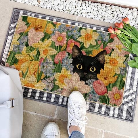 Artoid Mode Black Cat Floral Doormat outdoors near doorstep built for daily use