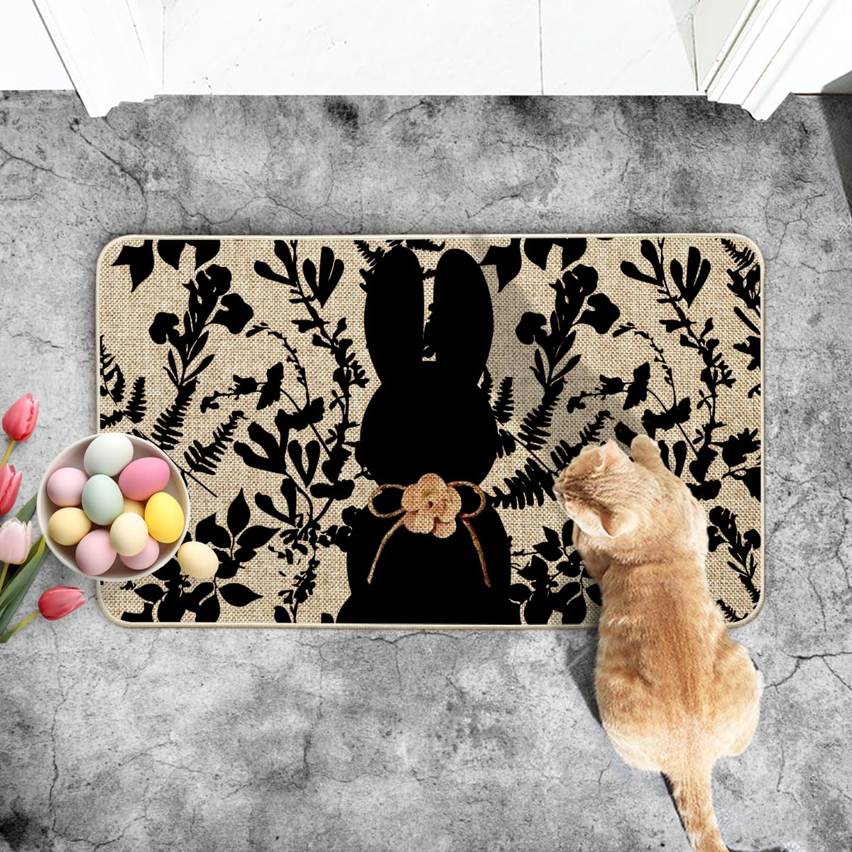 Artoid Mode Black Rabbit Leaves mat designed for indoor and outdoor use with easy care.