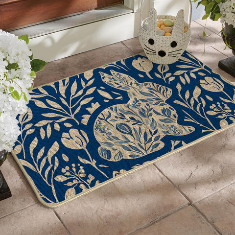 Blue rabbit floral doormat by Artoid Mode adds seasonal charm to entry