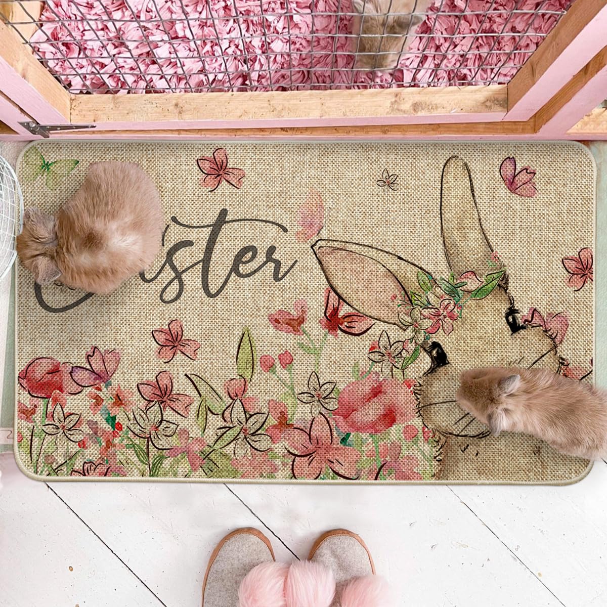 Artoid Mode bunny rabbits floral doormat suitable for indoor and outdoor spaces