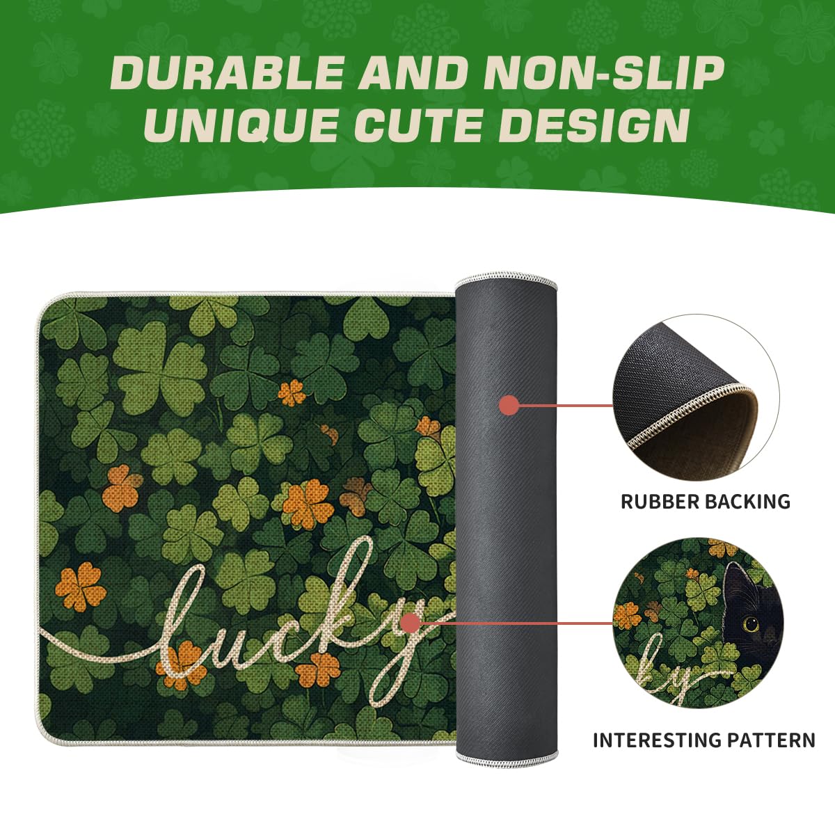 Artoid Mode cat lucky shamrock doormat, close-up pattern, kid and pet friendly surface.