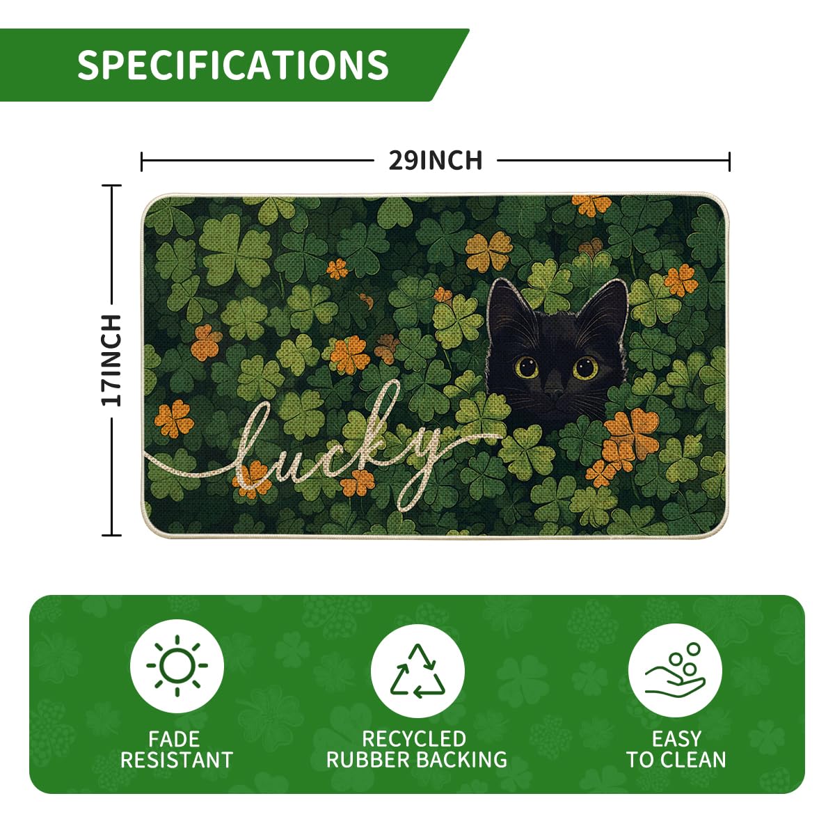 Artoid Mode cat lucky shamrock doormat, entry-side view, slim 0.25 inch profile fits most doors.