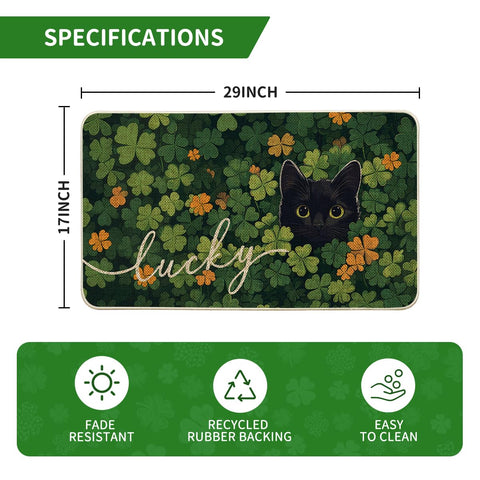 Artoid Mode cat lucky shamrock doormat, entry-side view, slim 0.25 inch profile fits most doors.