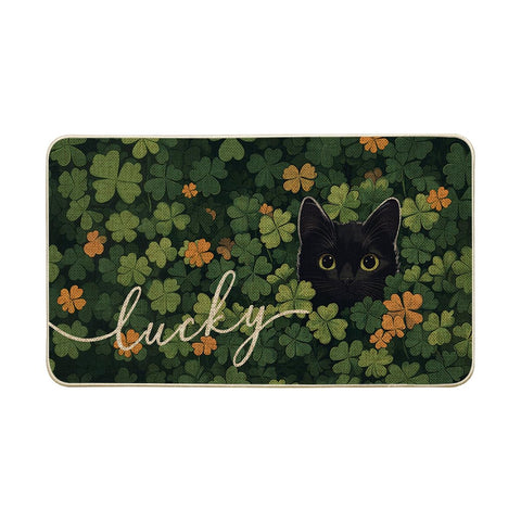 Artoid Mode cat lucky shamrock doormat, front view, welcoming entryway with non-slip rubber backing.