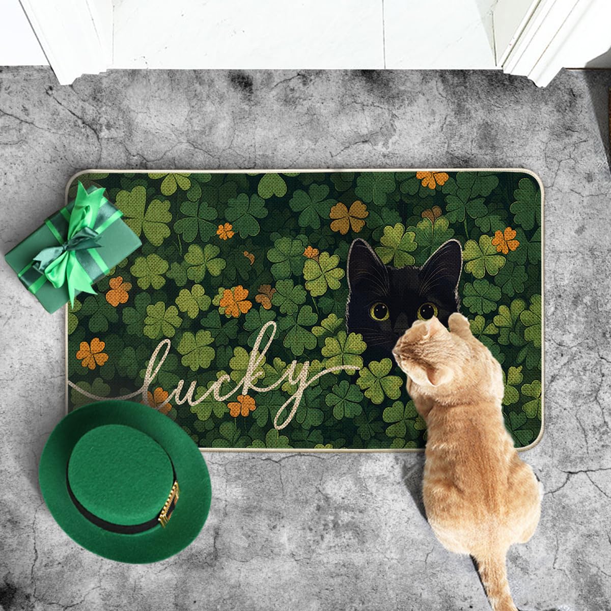 Artoid Mode cat lucky shamrock doormat, close-up rubber detail, durable grip for high-traffic entryways.