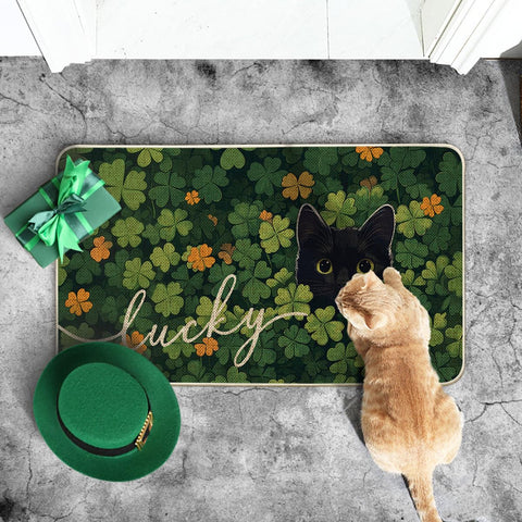 Artoid Mode cat lucky shamrock doormat, close-up rubber detail, durable grip for high-traffic entryways.