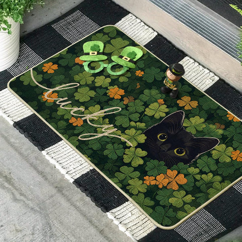 Artoid Mode cat lucky shamrock doormat, outdoor use, easy to hose clean after seasonal celebrations.