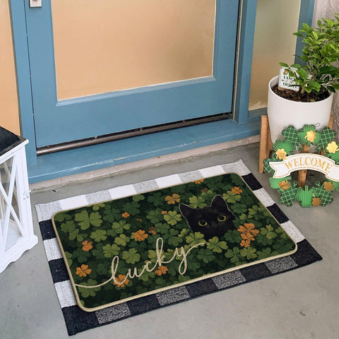 Artoid Mode cat lucky shamrock doormat, pattern detail, vibrant seasonal decor that resists staining.