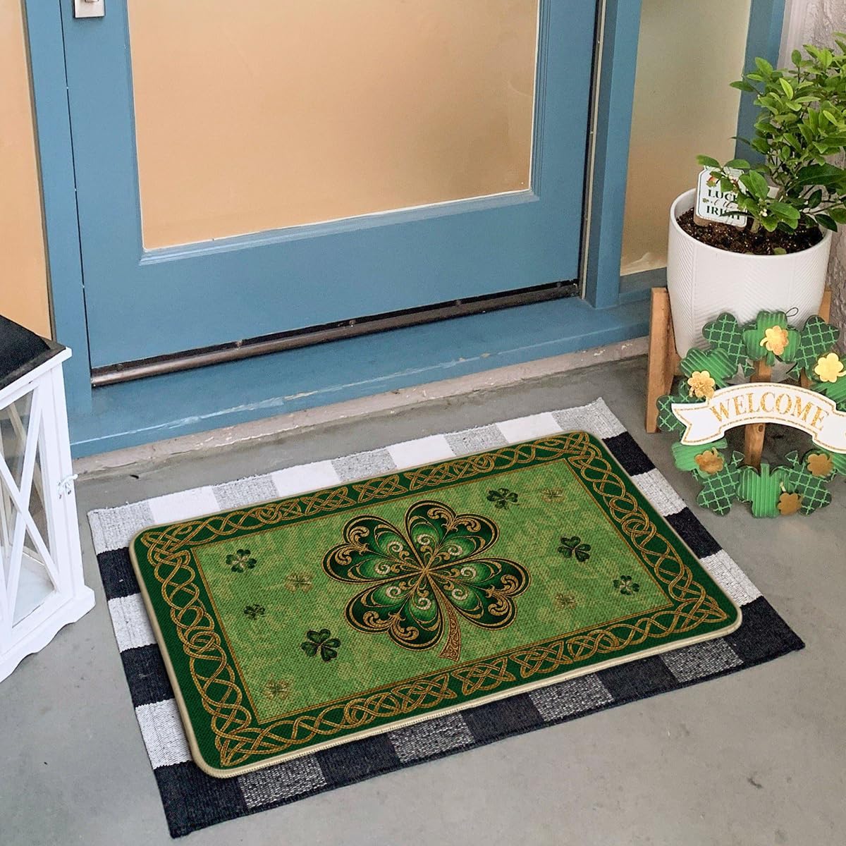 Artoid Mode Cloisonne Clover doormat at entryway features low-profile design to reduce tripping.