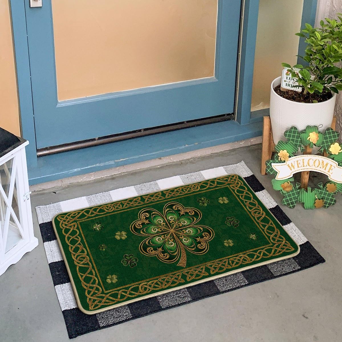 Artoid Mode green cloisonne clover doormat with slim profile near the doorway