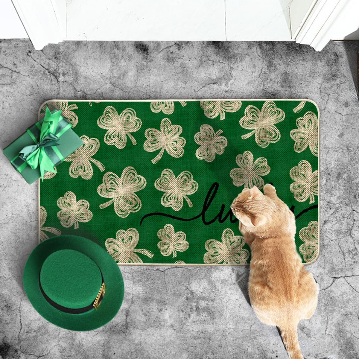 Artoid Mode Green Lucky Clovers Doormat closeup pattern highlights the clover motif