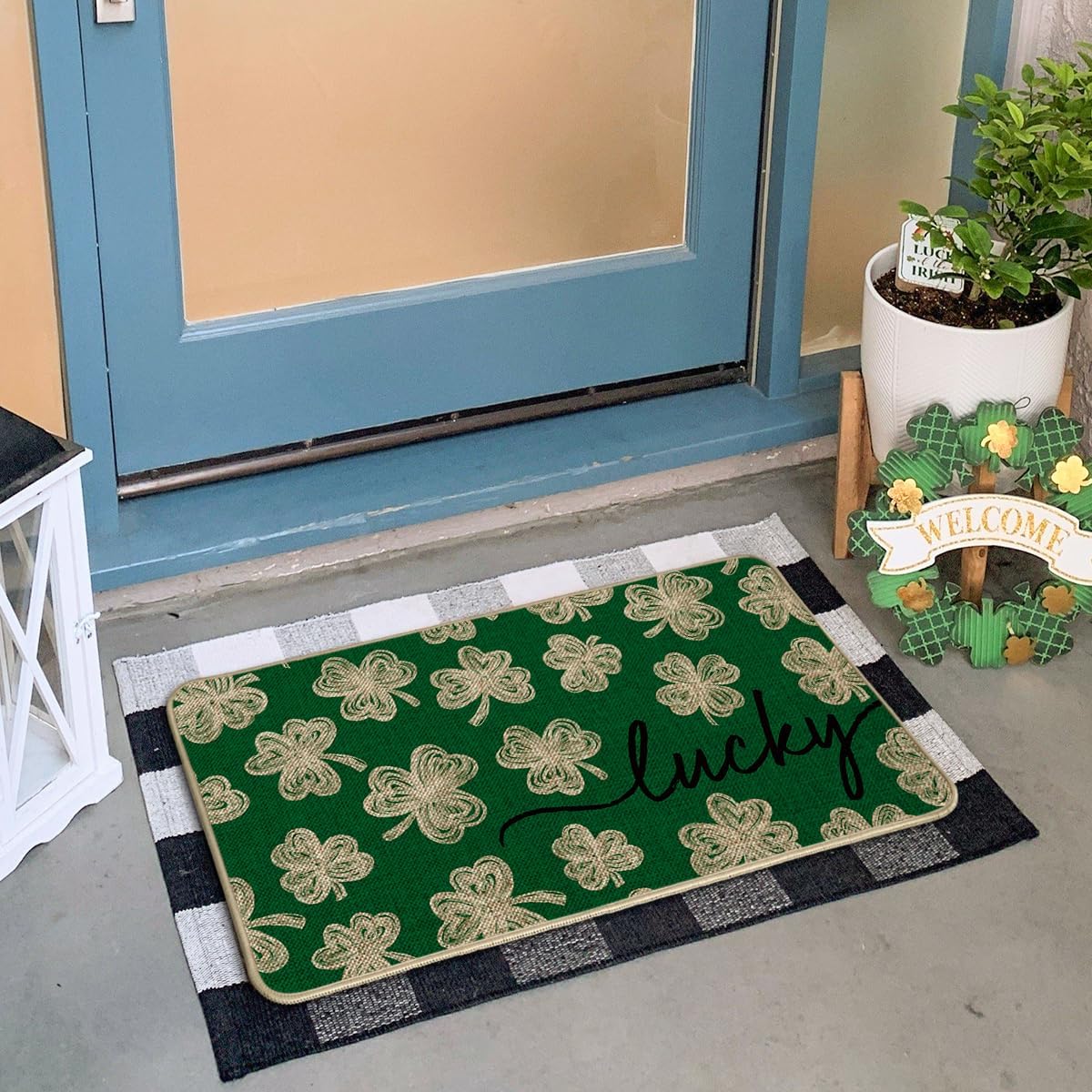 Artoid Mode Green Lucky Clovers Doormat in entryway for festive decor and guest welcome