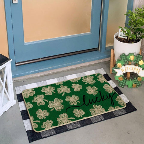 Artoid Mode Green Lucky Clovers Doormat in entryway for festive decor and guest welcome