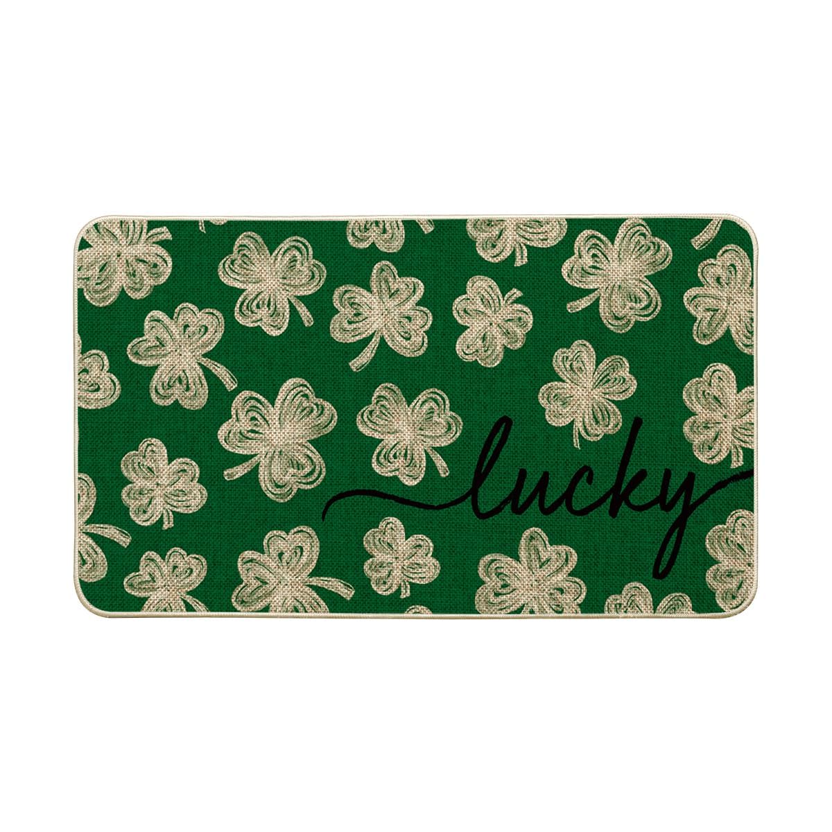 Artoid Mode Green Lucky Clovers Doormat at the front door adds welcoming seasonal charm
