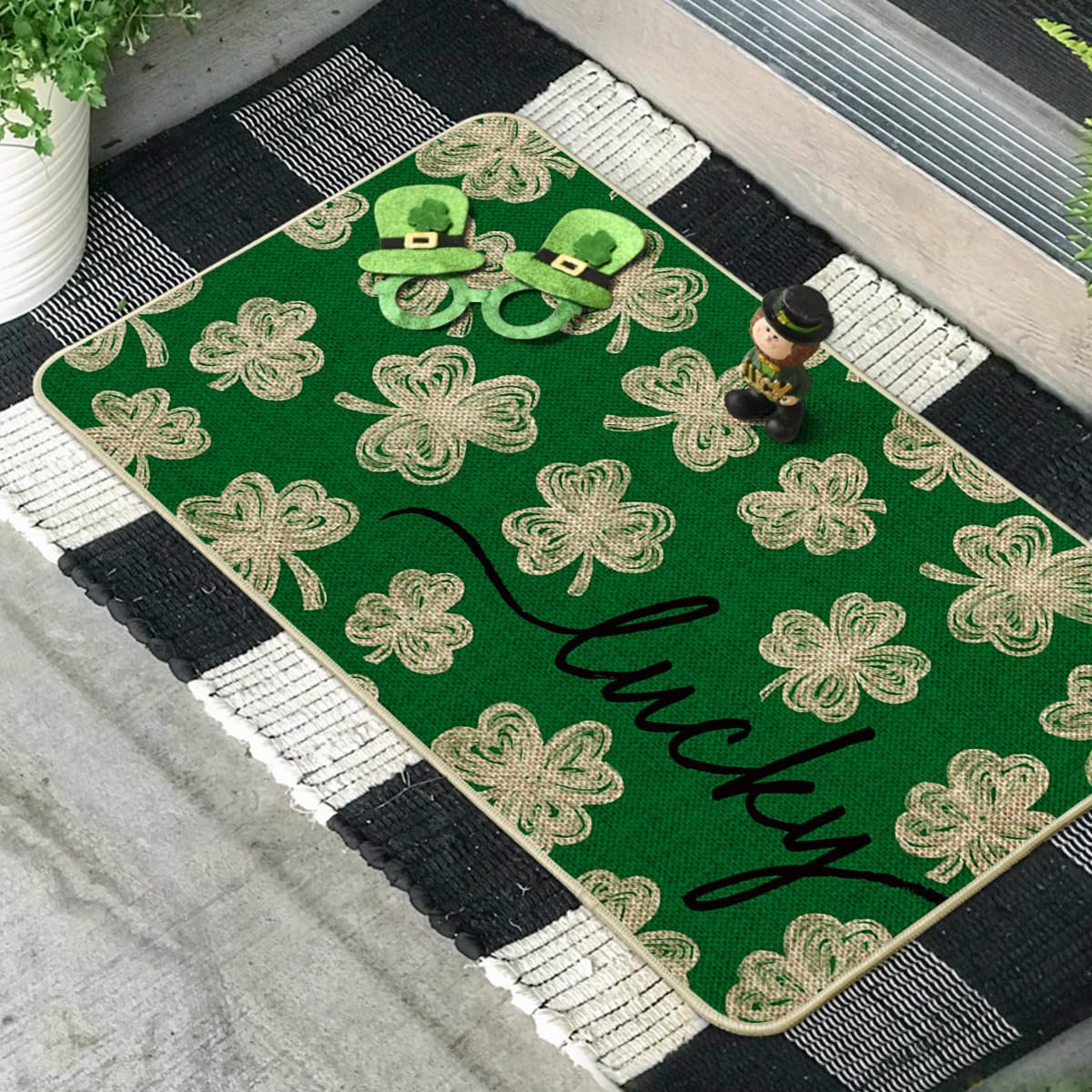 Artoid Mode Green Lucky Clovers Doormat for outdoor use with durable, non-slip backing