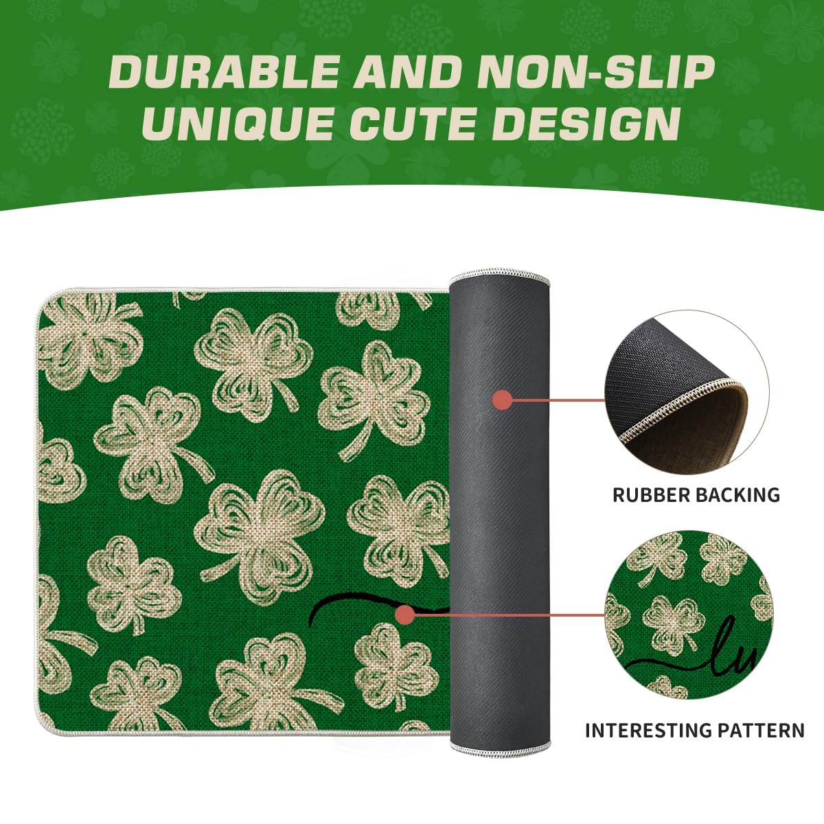 Artoid Mode Green Lucky Clovers Doormat enhances porch decor with a low-profile design