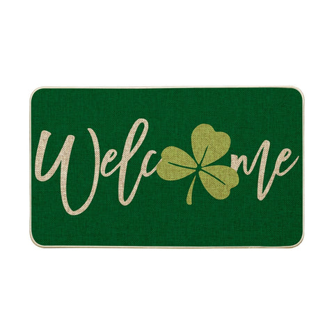 Artoid Mode Green Shamrock Welcome Doormat front view with slip-resistant backing, ideal for indoor or outdoor entry.