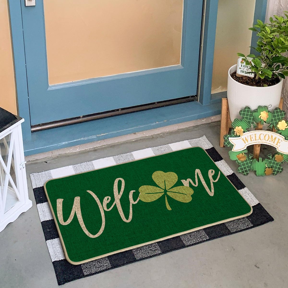 Artoid Mode Green Shamrock Welcome Doormat outdoor use showing durable, seasonal design for patios and porches.