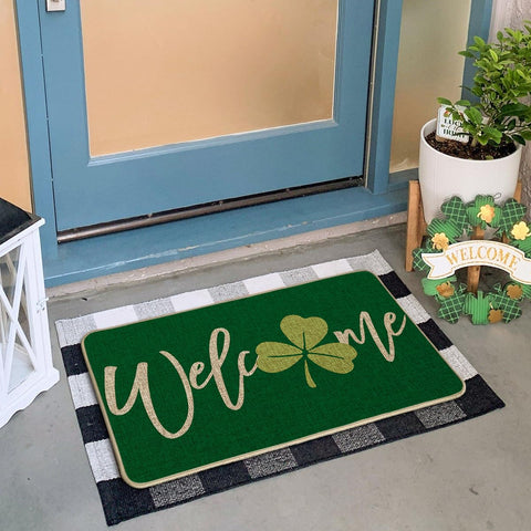 Artoid Mode Green Shamrock Welcome Doormat outdoor use showing durable, seasonal design for patios and porches.