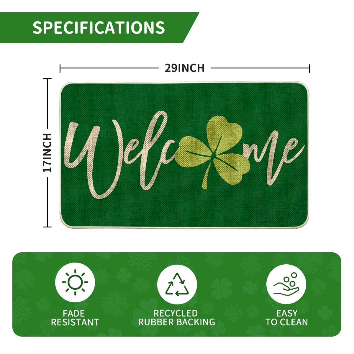 Close detail of Artoid Mode Shamrock pattern on the welcome mat adding festive charm.