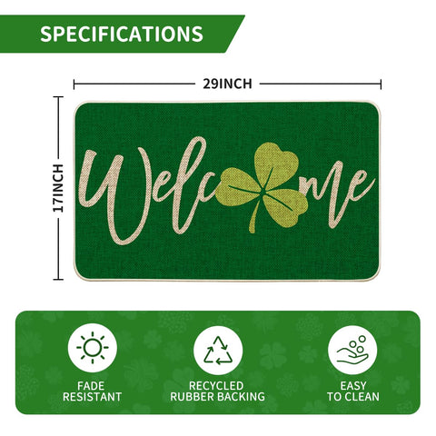 Close detail of Artoid Mode Shamrock pattern on the welcome mat adding festive charm.