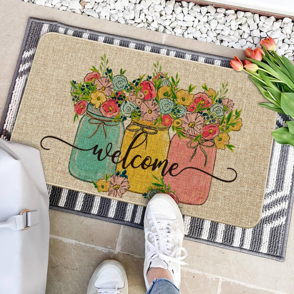 Artoid Mode Hello Spring Doormat low-profile design fits under doors
