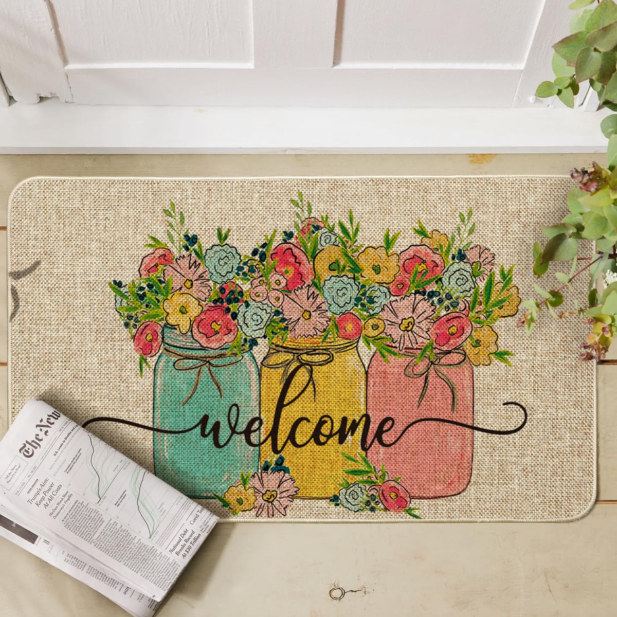 Artoid Mode Hello Spring Doormat pattern closeup highlights vibrant seasonal motif