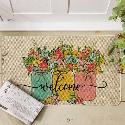 Artoid Mode Hello Spring Doormat pattern closeup highlights vibrant seasonal motif