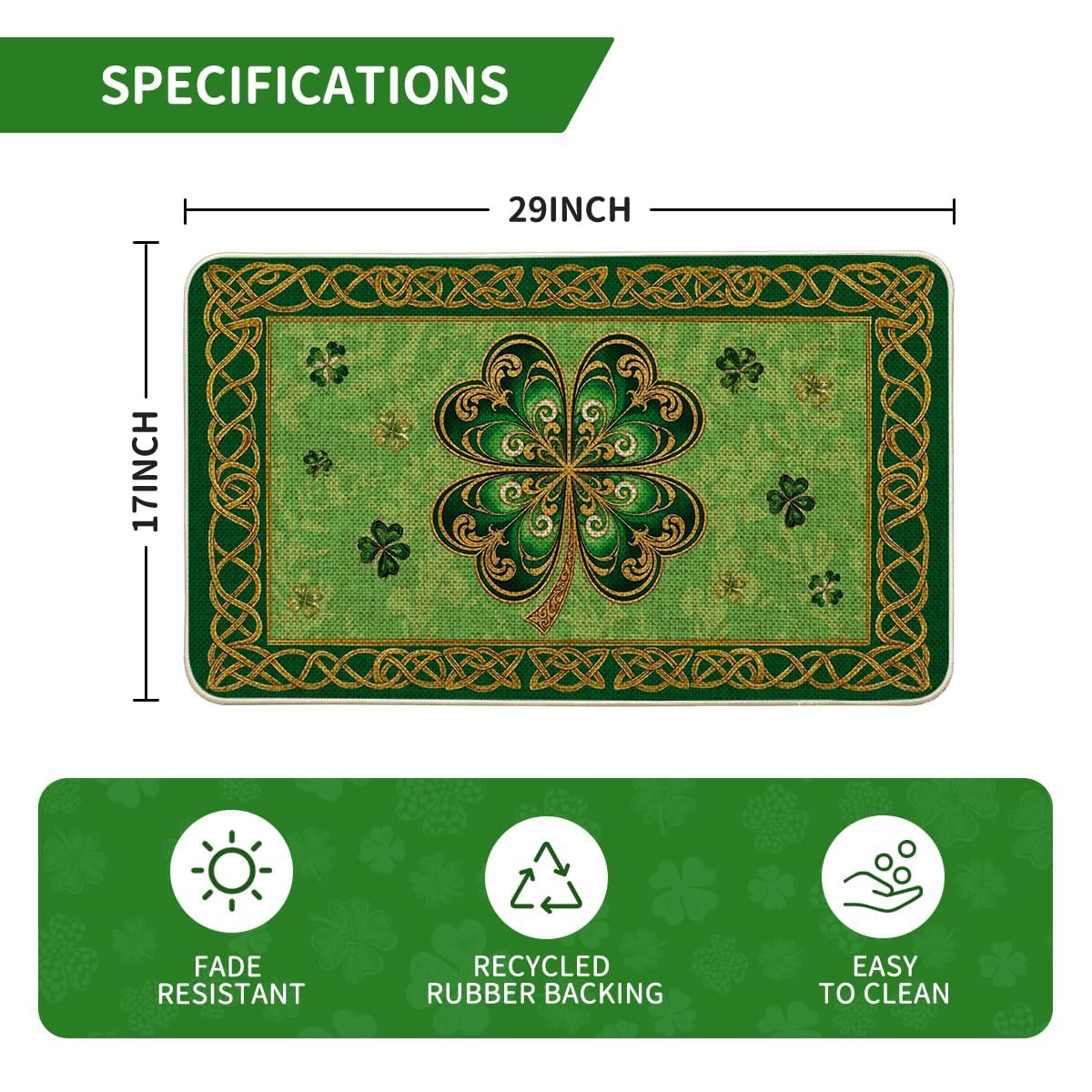 St. Patrick's Clover motif doormat with low profile for indoor or outdoor use.
