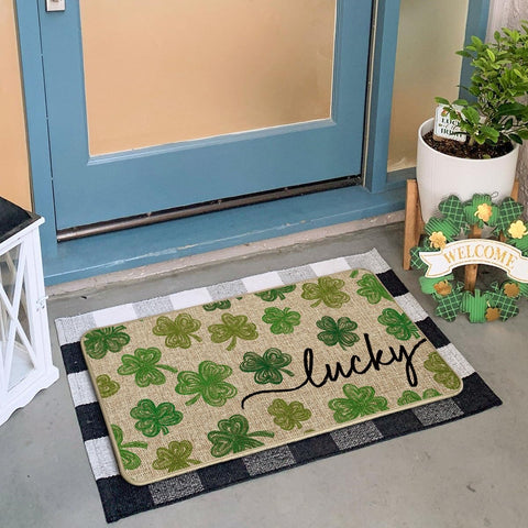 Artoid Mode Lucky Clovers doormat entryway visual pattern resists stains and wear.