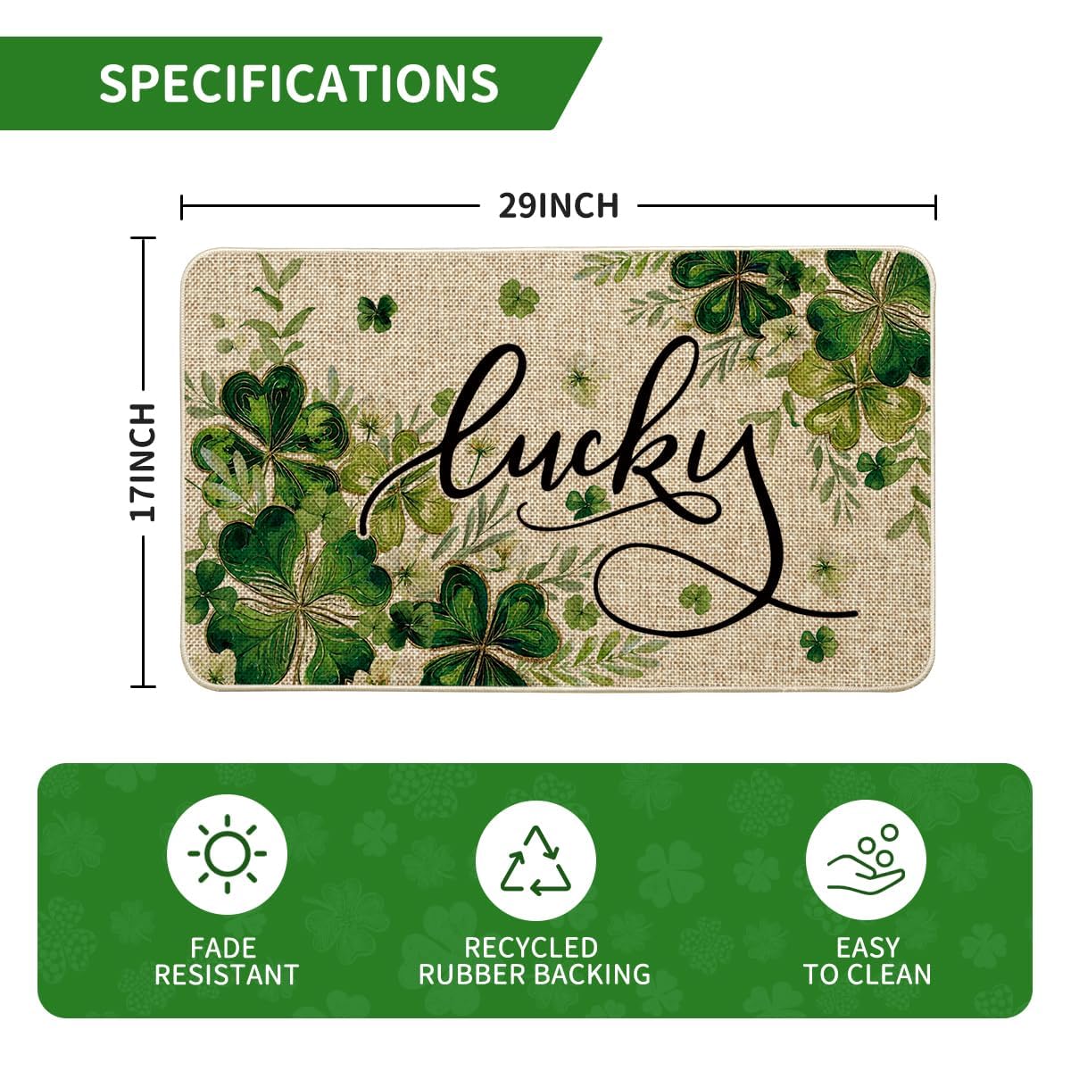 Artoid Mode shamrocks doormat back view highlights non-slip rubber backing for safety.