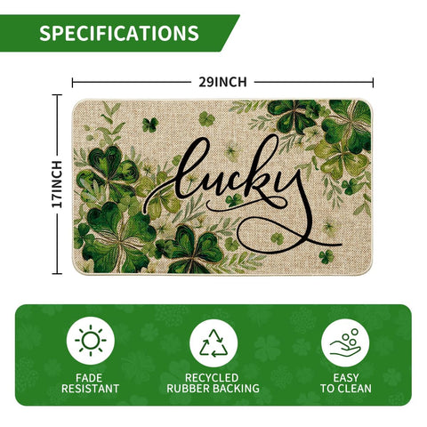 Artoid Mode shamrocks doormat back view highlights non-slip rubber backing for safety.