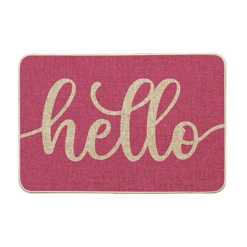 Artoid Mode Pink Hello Spring doormat close-up highlighting durable rubber backing and soft polyester surface