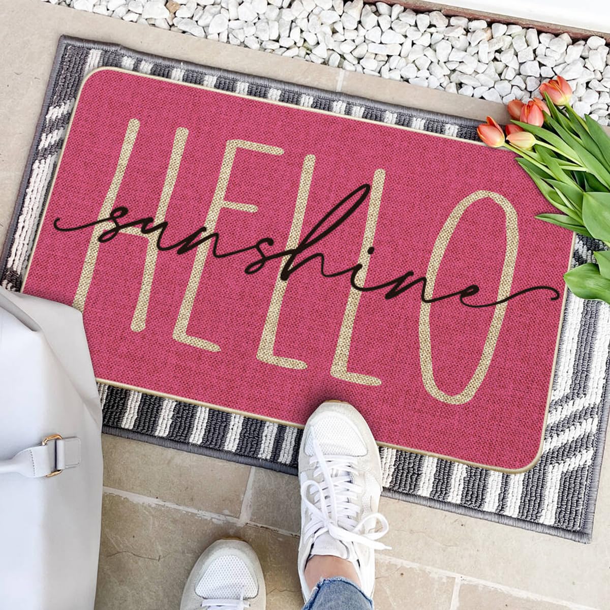 Artoid Mode Pink Hello Sunshine doormat closeup pattern highlights vibrant design