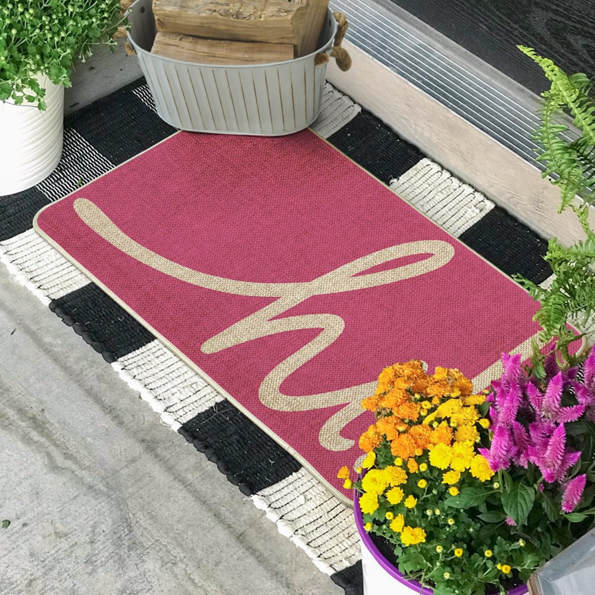 Artoid Mode pink hi spring doormat close up shows seasonal pattern and texture.