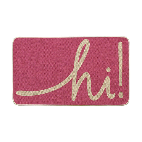Artoid Mode pink hi spring doormat seen from the front entry, welcoming guests.