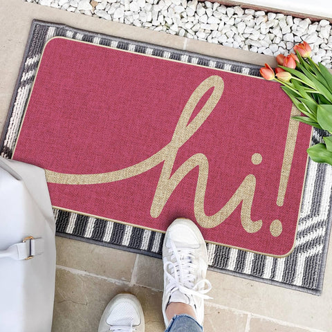 Artoid Mode pink hi spring doormat low profile design near doorstep.