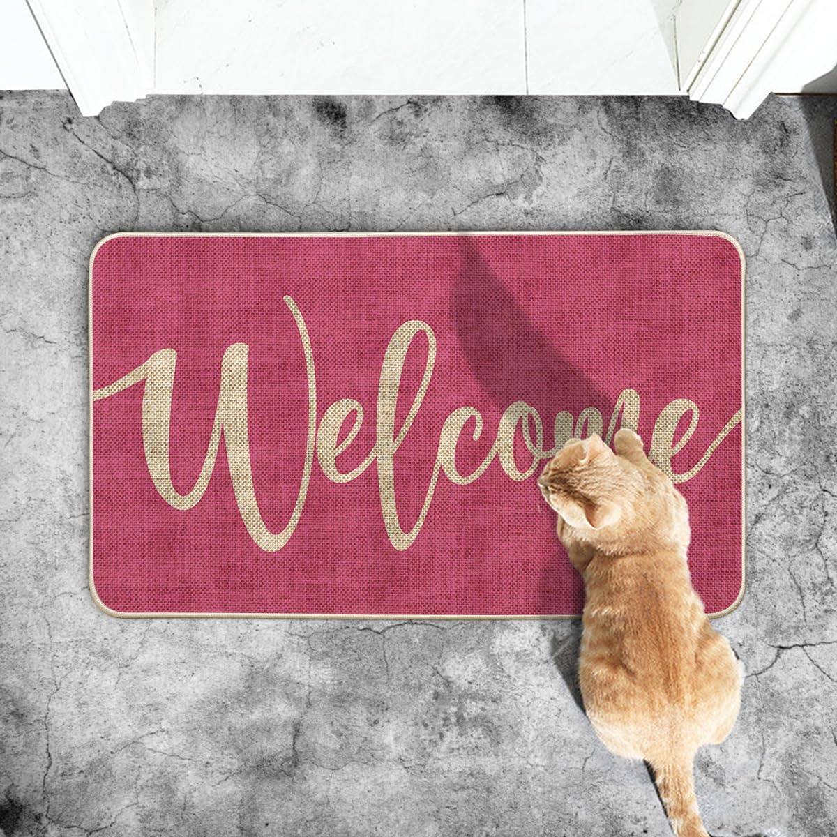 Artoid Mode Pink Welcome Spring Doormat material detail with polyester and rubber blend