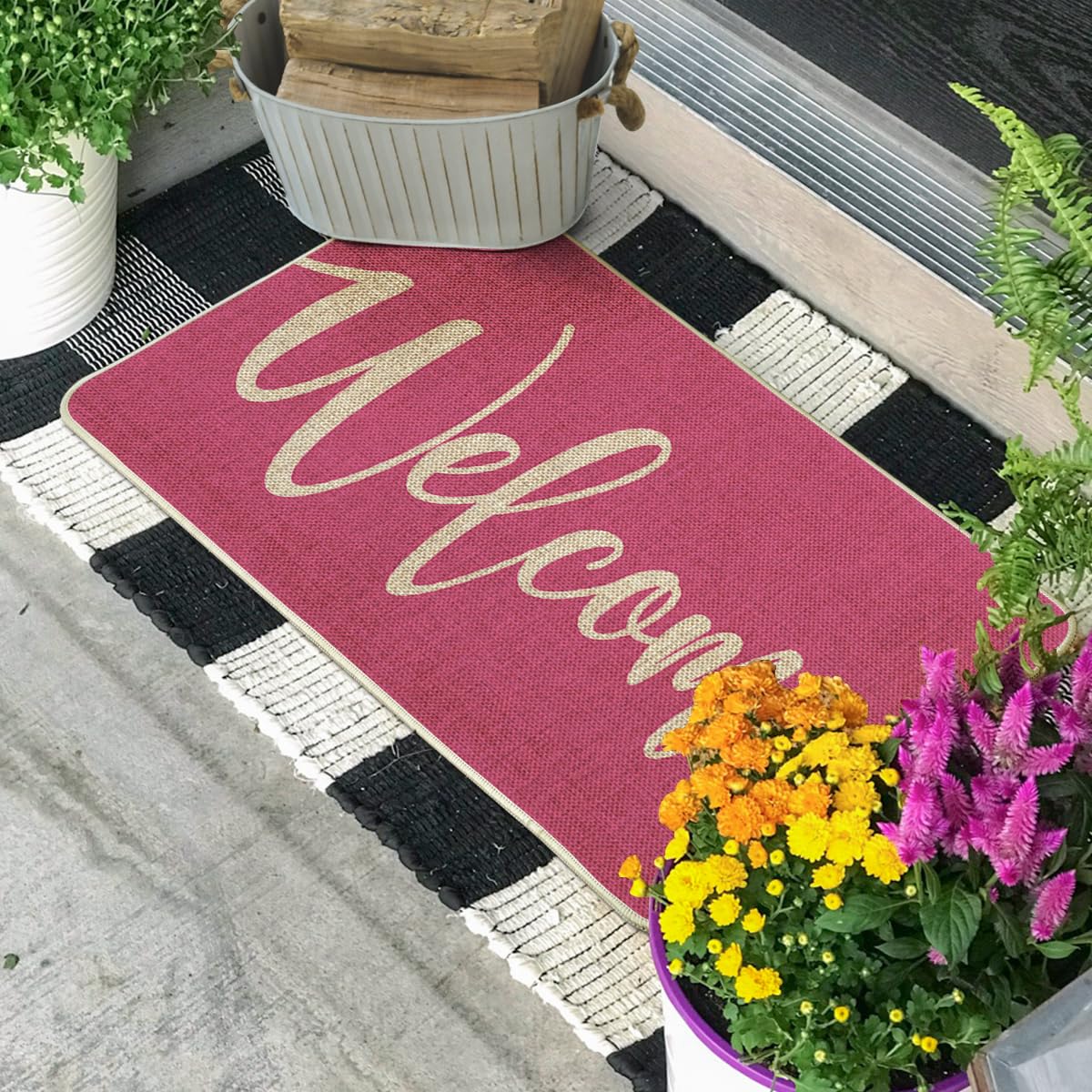 Artoid Mode Pink Welcome Spring Doormat close-up shows seasonal pattern and texture