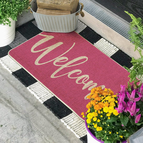 Artoid Mode Pink Welcome Spring Doormat close-up shows seasonal pattern and texture