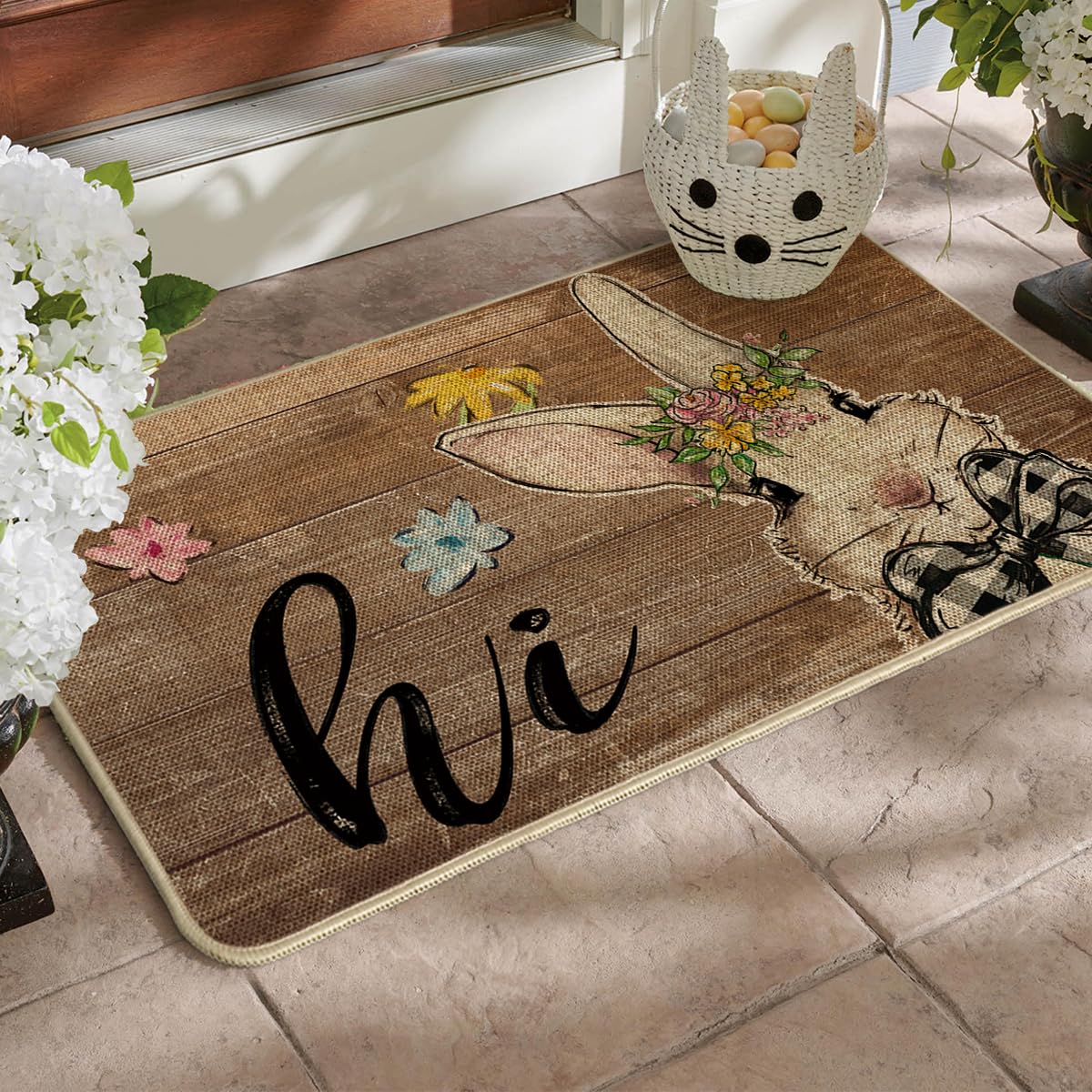 Artoid Mode Rabbit Bunny Flowers Doormat close-up pattern highlights unique decorative design