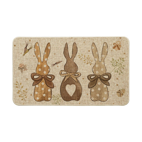 Artoid Mode rabbit-carrots-eggs Easter doormat adds seasonal charm to indoor or outdoor entryways.
