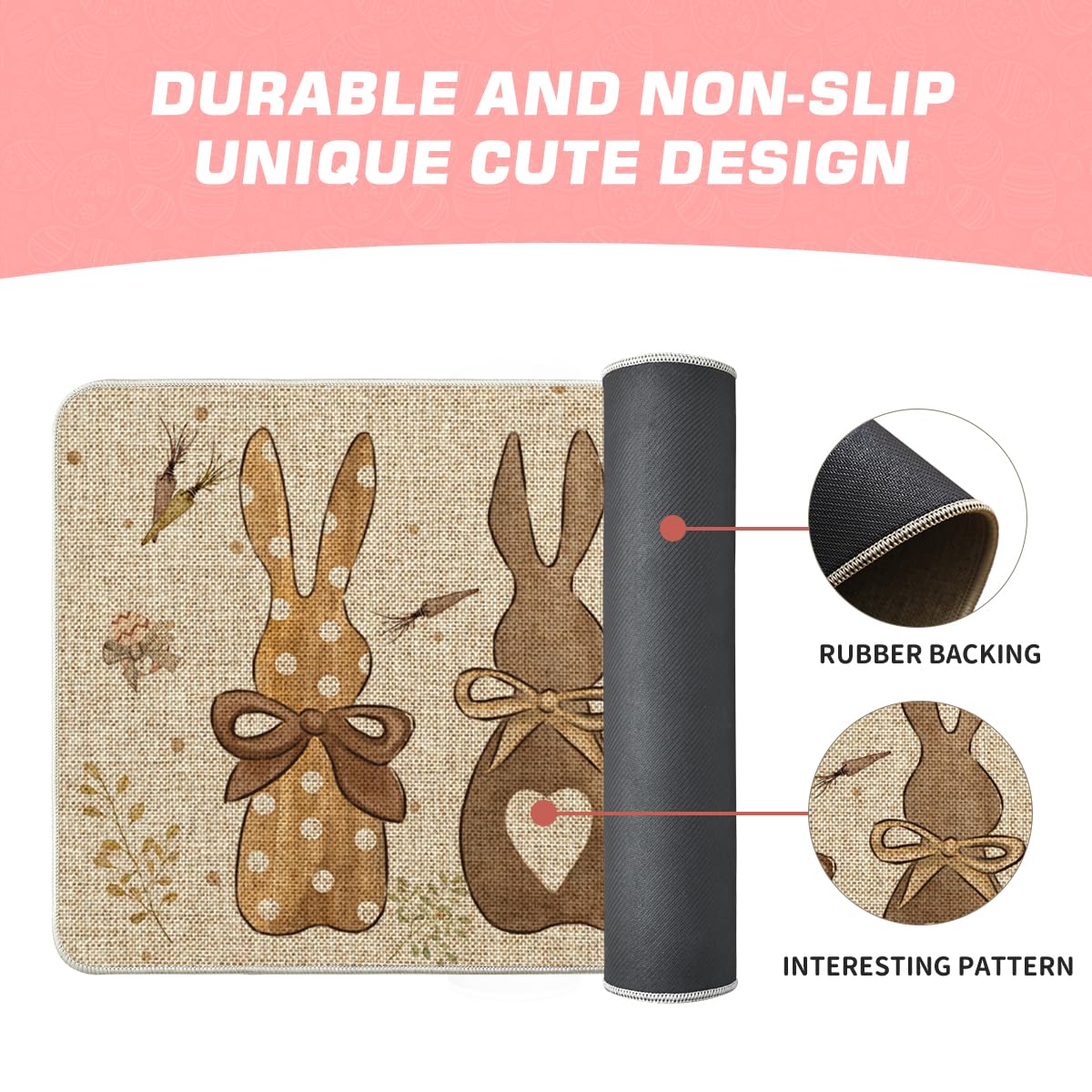 Artoid Mode rabbit-carrots-eggs doormat is easy to clean and maintain.