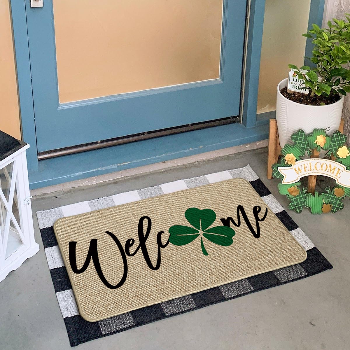 Artoid Mode Shamrock Doormat pattern detail shows vibrant shamrock for seasonal decor at entryways.