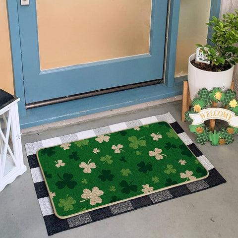 Artoid Mode shamrock pattern doormat decorates entryways while catching dirt.
