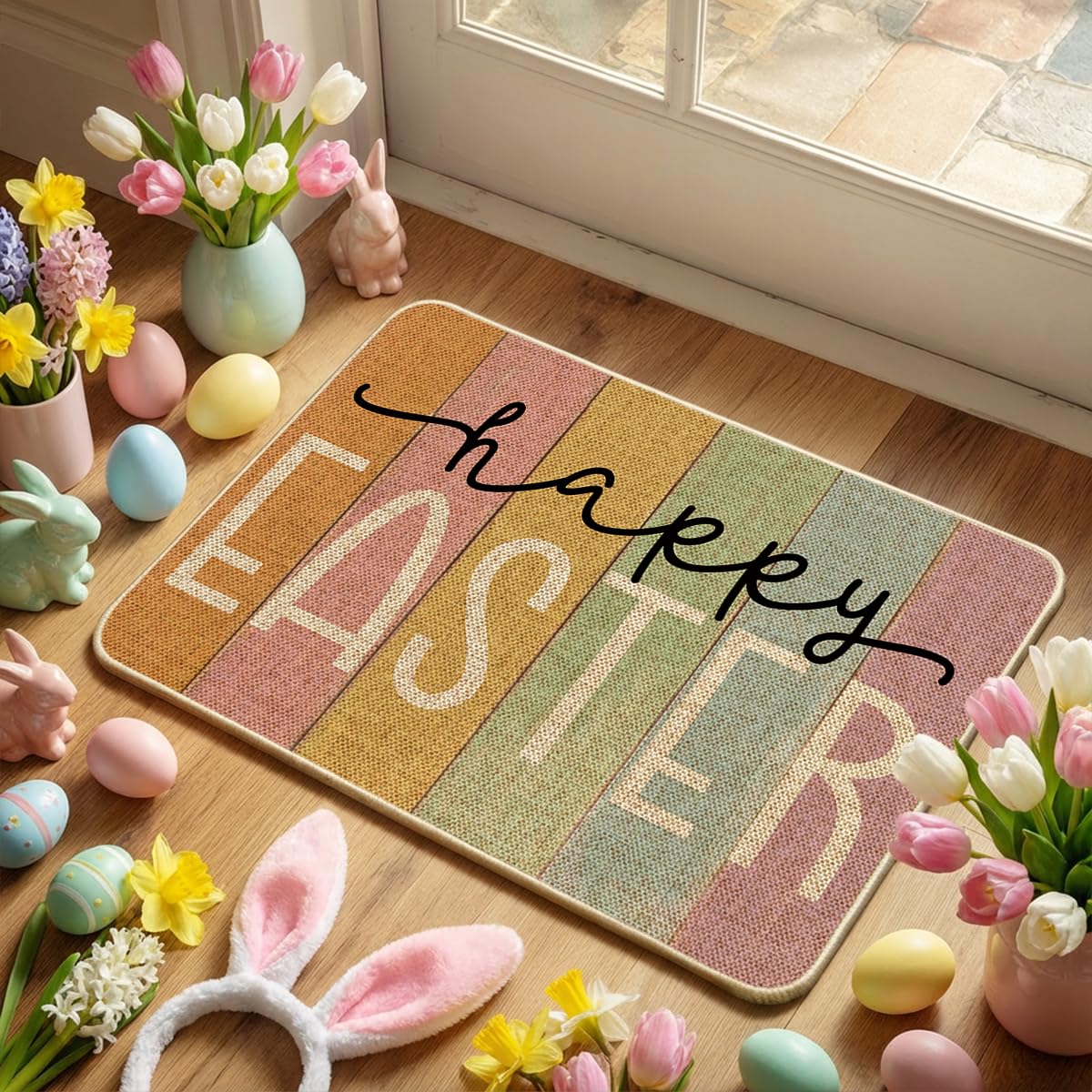 Artoid Mode Stripes Happy Easter pattern close-up highlights durable, non-slip backing.