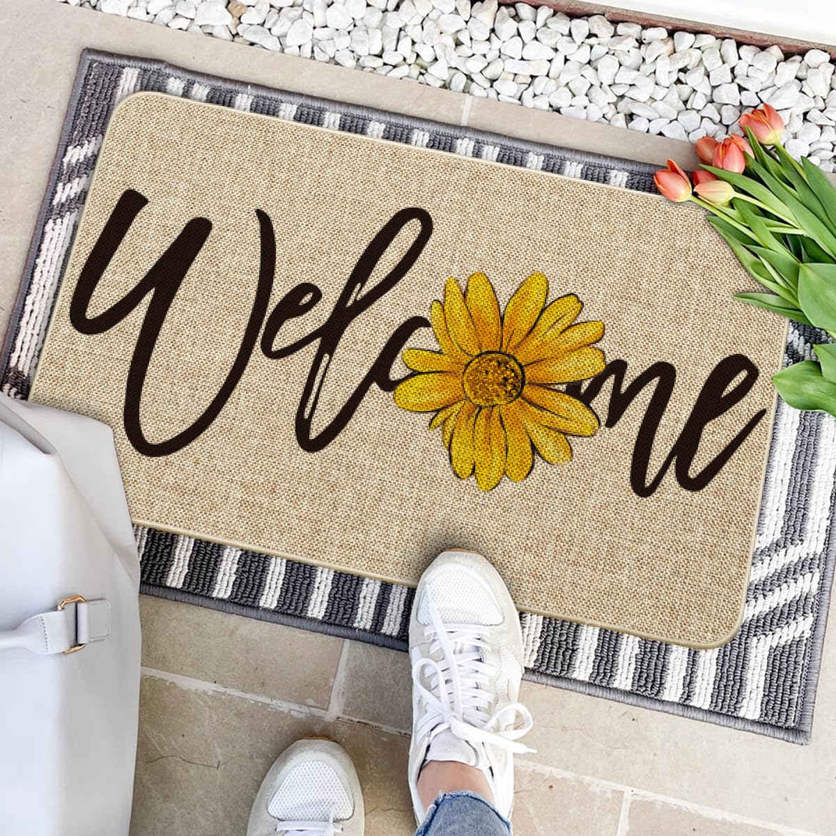 Artoid Mode sunflower welcome spring doormat outdoor porch setting adds curb appeal and practicality